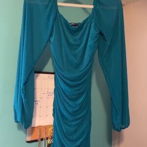 Teal, mesh long sleeved, ruched dress